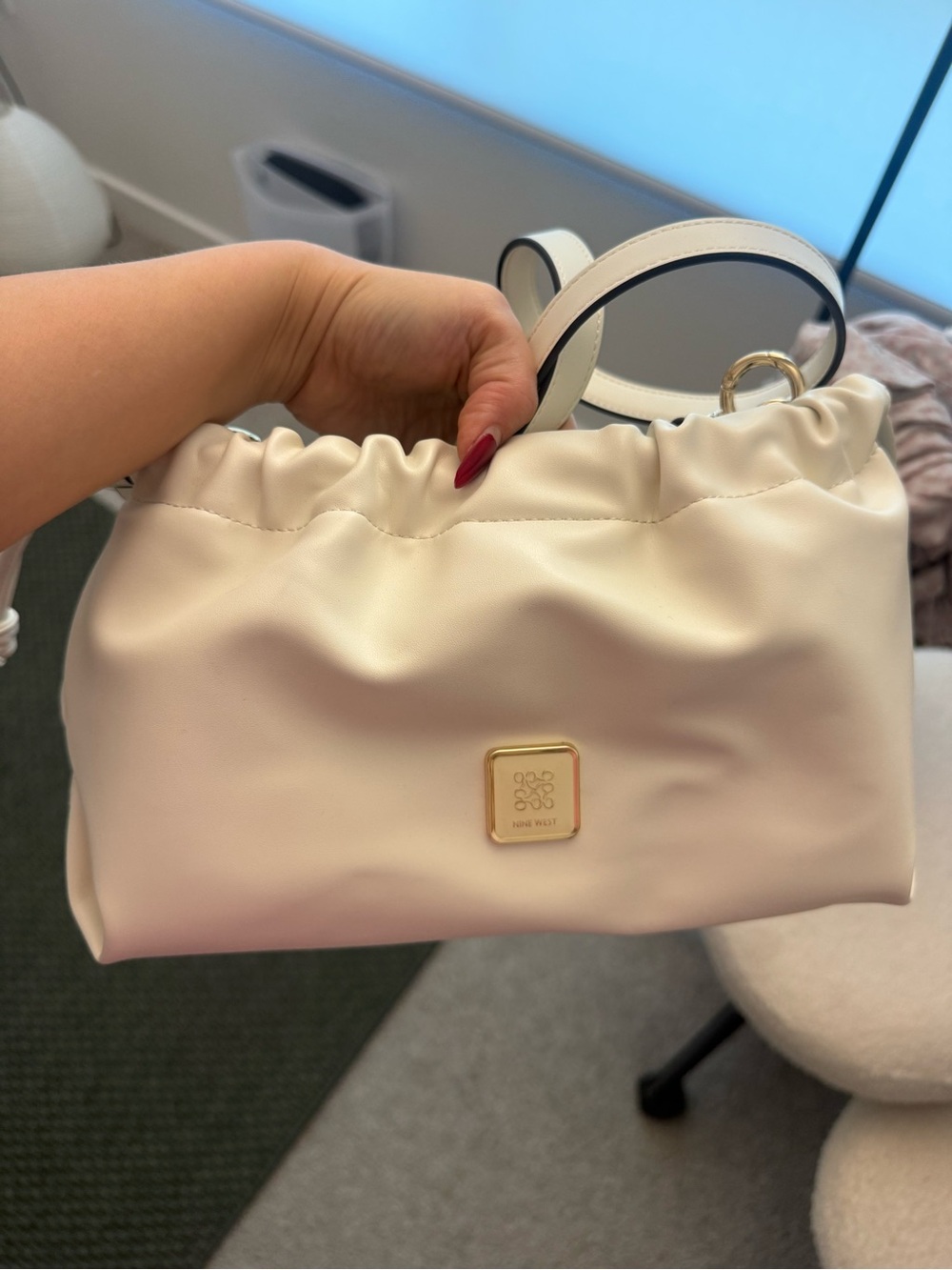 Nine West Cream Drawstring Shoulder Bag with Gold Logo